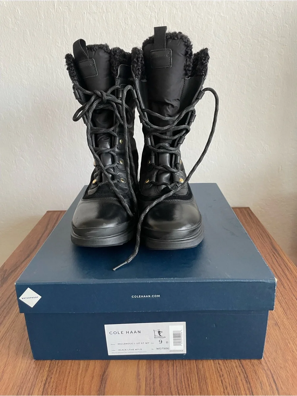 Cole Haan Black Lace-Up Women's Winter Boots with Shearling Trim